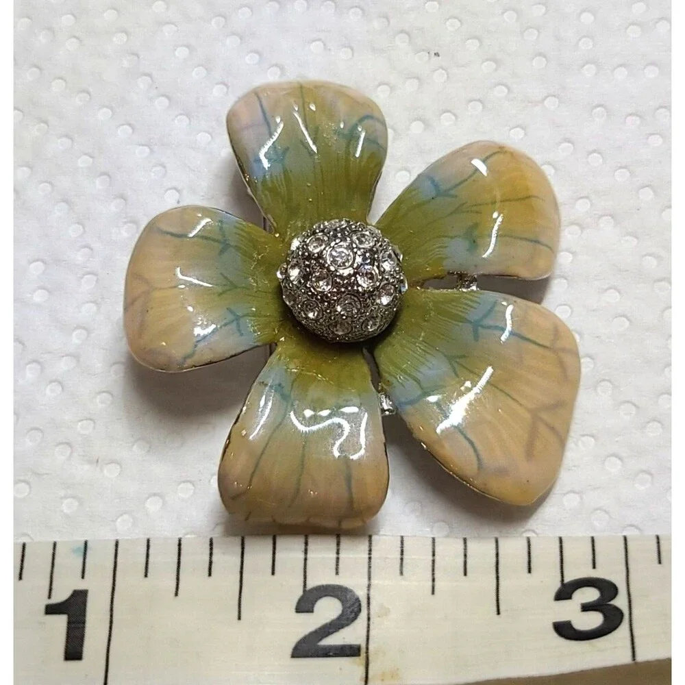 Vintage Metal Enamel Rhinestones Flower Brooch Pin Spring